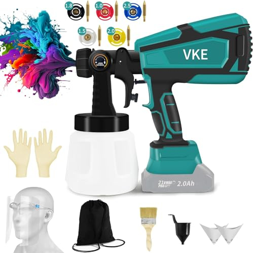VKE Akku Farbsprühsystem für Makita 18v Akku, 800W 1000ML Farbsprühgerät, Lackierpistole Elektrisch mit 5 Düsen, 3 Spritzmuster, Schutzmaske und Organizer zum Streichen von Wänden（ohne Akku）