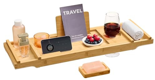 SONGMICS Plateau de Baignoire Extensible en Bambou, Plateau de Bain, Largeur 70 à 95,6 cm, Pliable, Antidérapant, pour Livre, Tablette, Verre de Vin, Serviette, Beige Naturel BCB072N01
