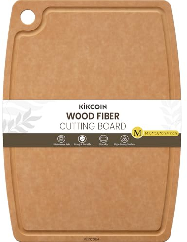 Kikcoin Wood Cutting Board, Cutting Boards for Kitchen Dishwasher Safe Non-slip Chopping Board with Juice Groove, Wood Fiber Composite Cutting Board with Hanging Hole, 14.6*10.8