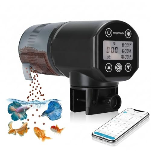 Podazz 2.4G WiFi Smart Fish Feeder with AppControl, 200ml Auto Fish Food Dispenser & Timer for Aquarium, Moisture-Proof Holiday Feeder for Various Foods, Type-C Powered, Black