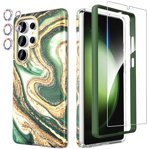 SHEDEER 4-in-1 Samsung Galaxy S25 Ultra Case with Screen Protector + Bumper & Camera Protector | Military-Grade Shockproof 360° Protection, Glossy Fade-Resistant Pattern Design Phone Cases (Green)