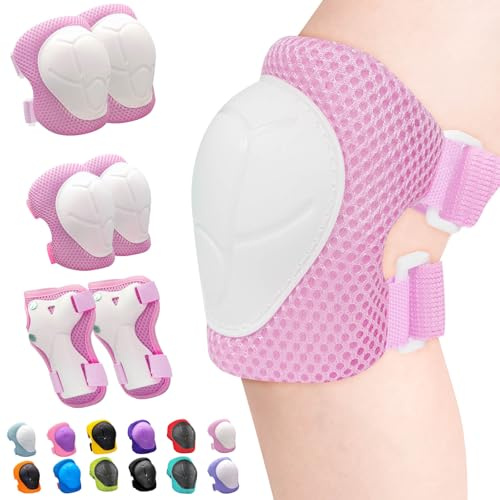 Inkidio Ginocchiere per bambini, set di protezioni per ginocchia e gomiti, con protezione per il polso, per ragazze e ragazzi, pattini a rotelle, scooter, ciclismo, skateboard (M, rosa bianco)