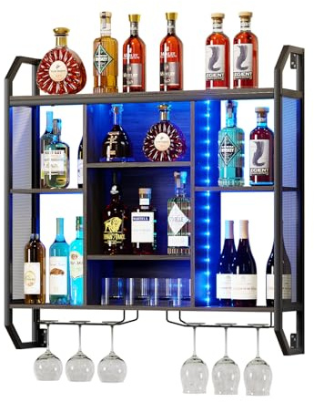 Casier À Vin avec lumière LED 90CM Présentoir à Vin Mural Moderne Porte-Bouteilles Muraux Industriels avec Porte-Verre Étagère Flottante Murale en métal pour vin Porte-Bouteille avec Tablette Réglable