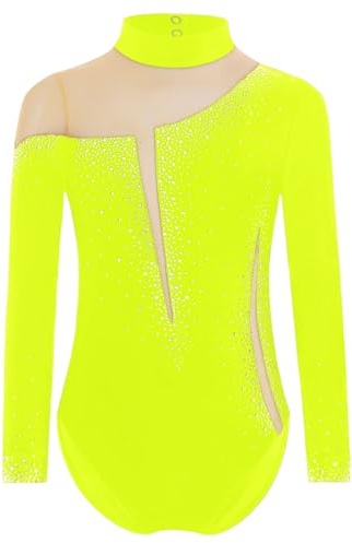dPois Enfant Fille Justaucorps de Gymnastique Manche Longue Strass Brillant Costume Danse Spectacle 5-16 Ans B Jaune fluo 7-8 ans