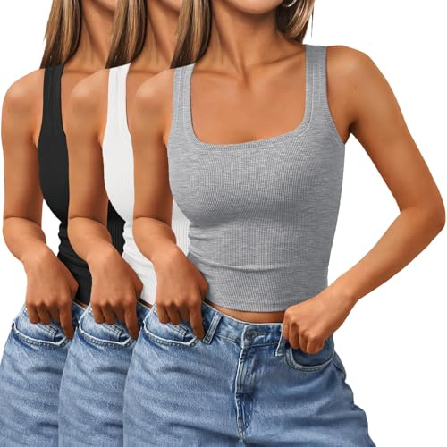 SUNBS Womens 3 Pack Square Neck Tank Tops Soft Stretchy Ribbed Cropped Tops Basic Workout Camisoles for Gym LightgreyWhiteBlackM