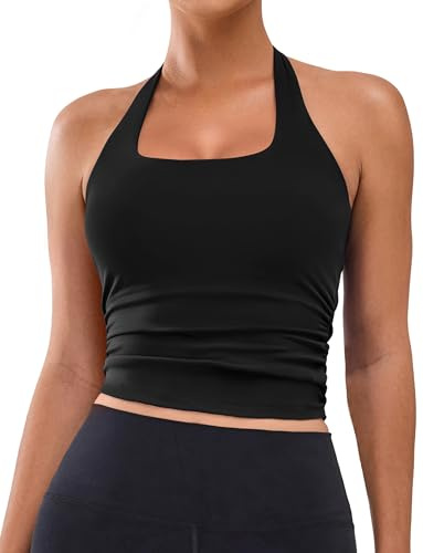BMJL Womens Halter Built in Bra Workout Sports Tank Tops Buttery Longline Stappy Gym Crop Tops（M, Black）