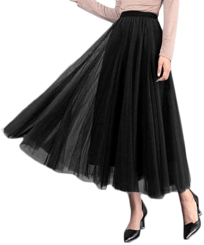 Jemmsia Tyllkjol för kvinnor, midi A-linje, veckad maxi, swingkjol, elegant, elastisk, hög midja, långa tutu, blommiga kjolar för bal, hemkomst, födelsedagsfest, Svart, one size
