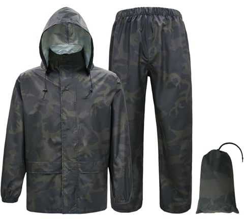 Tongcamo Combinaisons de Pluie pour Hommes imperméables - Veste de Pluie Pantalon Adulte Imperméable léger avec Capuche Chasse Camo