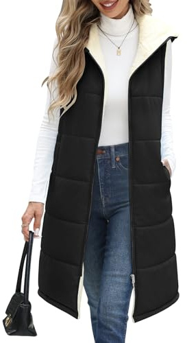 Yuson Girl Chaleco Mujer Chaqueta Invierno Largo Chalecos sin Mangas Vestir Moda Grueso Abrigos de Para Capucha Exteriores Acolchados Calentador Chaquetón con Cremallera(Negro, L)