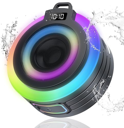 WXQZXO Bluetooth Shower Speaker, Portable Bluetooth Speaker Stereo Sound with Suction Cup/Lanyard, Built-in Mic, IPX7 Waterproof Wireless Speakers Bluetooth 5.4 for Bathroom/Party/Beach/Gift, Black