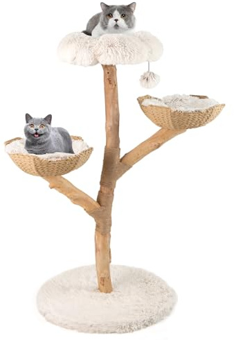 COSTWAY 122 cm klösträd trä, kattträd med plyschsits, 2 korgar av rotting, klösstolpar av jute och boll, katttorn, kattmöbler, massivt trä, kattklösträd, klätterträd, katter, vitt + natur
