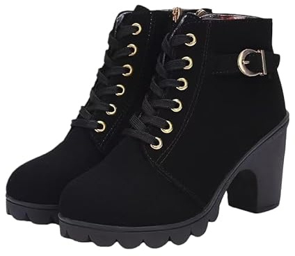 HCHCTRY Women's Chunky Heeled Short Boots, Belt Buckle Decor Lace Up Block High Heels, Fashion Lace-up Ankle Boots (black,8)