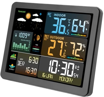 Asixxsix Trådlös Väderstation, Inomhus Utomhustermometer med 6 Väderprognoser, Barometriska Trycktrender Temperatur Luftfuktighetsrekord för Hemmet Vardagsrum Babyrum Garage