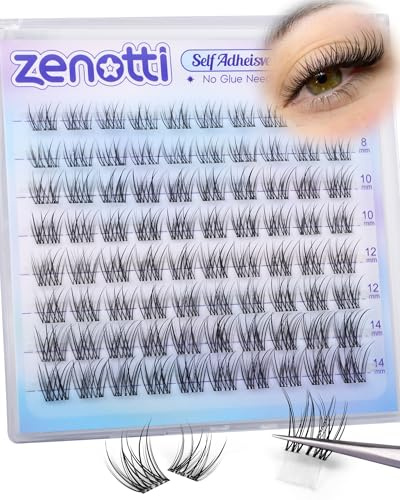 Pre Glued Cluster Lashes Natural Self Adhesive Lashes No Glue Cluster Eyelash Wispy Waterproof Short Self Adheisve Cluster Eyelashes 8-14mm Press on Individual Eyelashes by zenotti