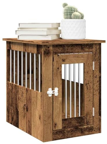 Runheo Cage pour chien style meuble aspect bois vieilli et acier 45 x 62 x 59 cm verrouillable avec fenêtres en acier comme table d'appoint d'intérieur et lieu de retraite pour chiens