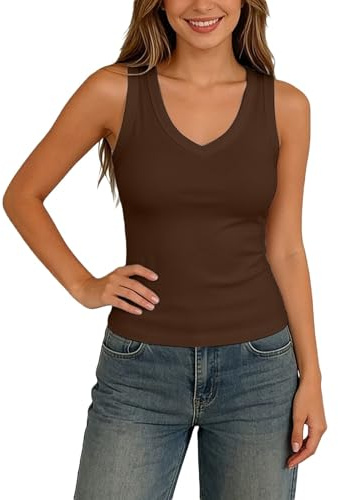 Générique Débardeur Femme Camisole à Bretelles Fines Sleek Rib Knit Tank Top for Slim Fit Sleeveless Knitwear Casual Everyday Wear Sleeveless Crew Neck Apparel (Coffee, M)