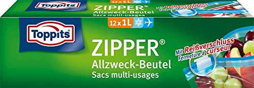 Toppits Zipper Allzweck-Beutel - 12 x 1L, Reißfeste Spezialfolie, Wiederverwendbar, Transparent, Ideal für Lebensmittelaufbewahrung und Reisen