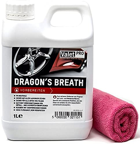 detailmate ValetPro Dragons Breath 1 l behållare fälgrengörare flygrost lack metall rengöring inkusiv mikrofiberduk 40 x 40 cm