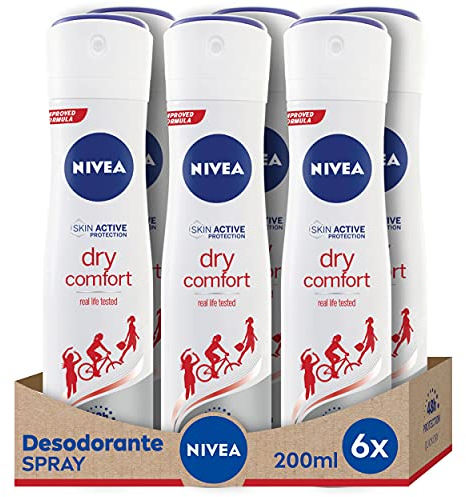 NIVEA Dry Comfort Dual Protect - Desodorante Antitranspirante para Mujer en Spray - 72h de Protección - Sin Alcohol - Antibacteriano y Respetuoso con la Piel - Todo tipo de Piel - Pack de 6 x 200 ml