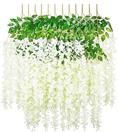 SZJH 12 st 3,6 fot/delar konstgjord fuskwisteria vinstockar ratta hängande girlang silke blommor sträng hem fest bröllop dekor (vit)