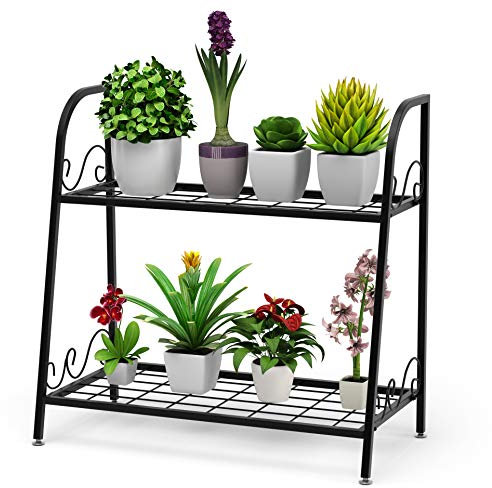 COSTWAY Support de Plantes à 2 Etages en Métal en Forme d'Echelle Intérieur/Extérieur avec Pieds Réglables pour Jardin Balcon et Salon Support pour Pots de Fleurs (63 x 30,5 x 61,5 cm)