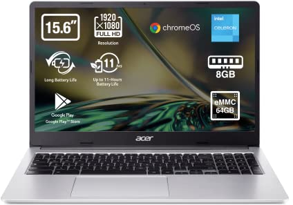 Acer Chromebook 315-4H - Ordenador Portátil de Google 15.6 FullHD (Intel Celeron N4500, 8GB RAM, 64GB eMMc, Chrome OS) Plata, QWERTY + 3 meses de Google AI Pro con Gemini Pro y 2TB de almacenamiento