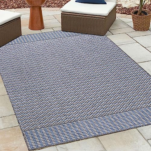 HomebyHome Outdoor Teppich Wetterfest 140x200 cm Sisal Optik Streifen Design Rechteckig Grau - Balkon Teppich Wasserfest Küchenteppich - Für Garten, Terasse, Camping, Außenbereich Teppich