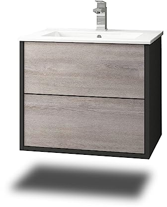 Stil.Zeit Evelia Badmöbel inkl. Waschbecken | Waschtisch mit Unterschrank 60.5 cm | Anthrazit/Dekor Eiche Grau| Push-to-Open/hängend