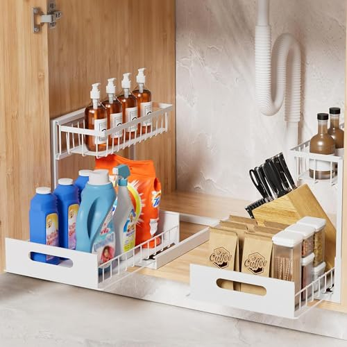 Aoresac Under Sink Storage Organiser, Metal Pull Out Cabinet Organizer with 2 Tier Sliding Wire Drawer, Under Sink Slide Out Storage Shelf for Kitchen Bathroom, 10.5W x 13D x 11H Inches (White)