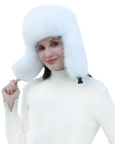 Lina & Lily Chapeau de Trappeur Chapka Femme Hiver Chaud Fausse Fourrure Poils Longs (Blanc)