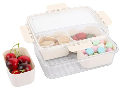 VIDETOL Bol à collation avec couvercle, boîte à goûter avec 4 compartiments, assiette en plastique pour noix, bonbons, biscuits, fruits