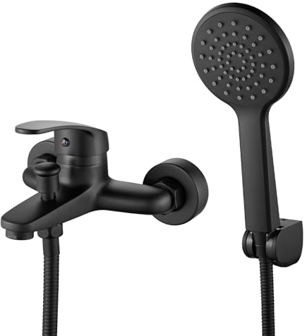 Rehomthy Badewannenarmatur Schwarz mit Handbrause, Einhebel Duscharmatur mit Duschkopf und 1.5m Schlauch, Badewanne Mischbatterie Dusche Wandmontage Duschset
