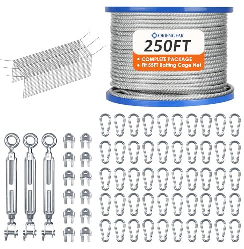 ORIENGEAR Batting Cage Netzdraht-Set für Baseball und Softball, inklusive verzinktem Kabel und Haken, Schlagkäfig-Aufhängungsnetz-Kits zum Schlagen von Tunneln, DIY, 15 m