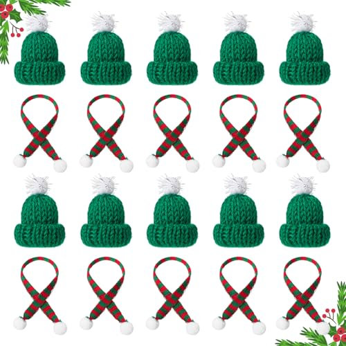 Amabro 20 st mini julstickade mössor och halsduksset, mini tomteluvor halsdukar för hantverk miniatyr juldekorationer prydnader för julgran gör-det-själv konst snögubbe docka (grön)