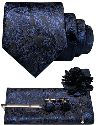 JEMYGINS Herren Paisley Krawatte mit Einstecktuch Krawattenklammer Blumenbrosche und Manschettenknöpfen Set Marineblau