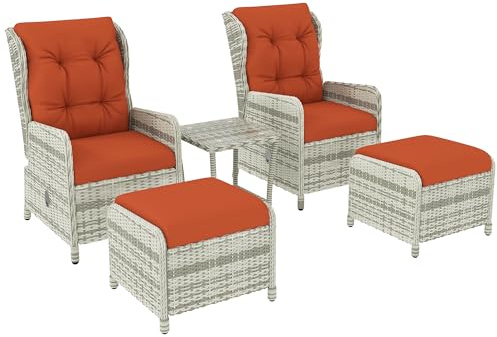 Outsunny 5 Pieces Rattan Bistro Set with Adjustable Back, Reclining Wicker Balcony Furniture with Cushions, Glass Top Coffee Table and Footstools, Outdoor Table and Chairs, Orange
