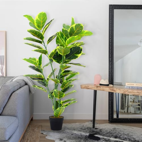 Warmiehomy 120cm Artificial Ficus Tree Realistic Rubber Plant in Pot, Large Artificial Plants Indoors 4ft Tall Fake Tree Plastic Indoor House Plant, Perfect as Artificial Plants