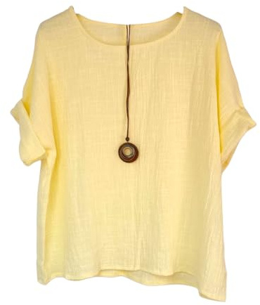 Kiran Fashion New Ladies 100% Cotton Tops Lagenlook One Size Plain for Summers Beach Casual (UK, Alpha, One Size, Regular, Regular, Yellow)