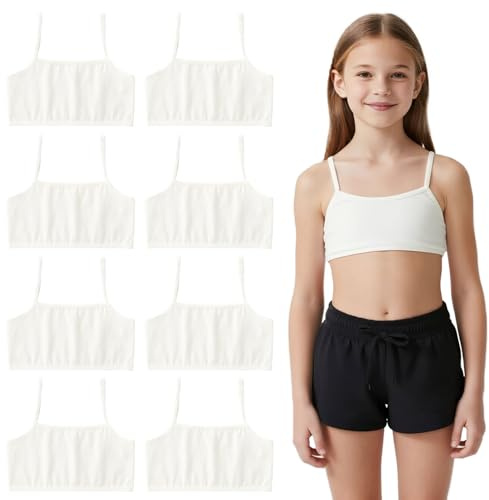 EUPSIIU 6 Pack Girls Bras, Crop Tops for Girls, Soft Cotton Girl Sports Bra Kids Underwear Non Padded Training Bra First Bras for Kids 8-12 Years (White)