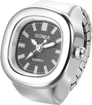 OIDEA Finger Watches Ring for Women Men: Simple Silver Square Dial Analog Quartz Clock Ring Watches with Stainless Steel Elastic Strap Black