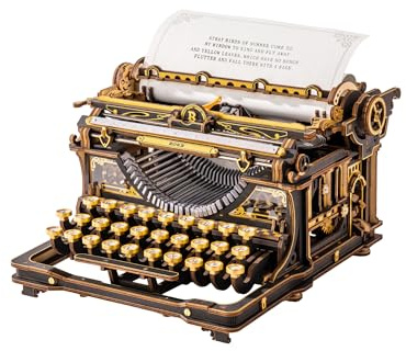 ROKR 3D-skrivmaskin träpussel för vuxna - svart och guld, mekanisk modelleringssats, vintage modell för kontor, DIY-present för tålmodiga byggare (svart)