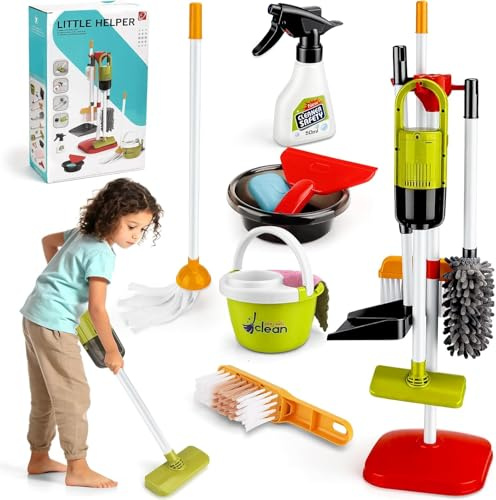 TOSUTO Set di Pulizia Giocattolo per Bambini,Aspirapolvere Giocattolo Bambinis, Set Pulizia Bambini Giocattolo da 14 Pezzi, Set di Pulizias Giocattoli per Bambinis dai 3 Anni in su(Verde)
