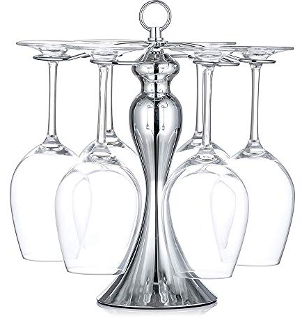 NUPTIO Tabletop Wine Glass Holder: Classic Silver 6 Wine Rack Stand Elegant Freestanding Stemware Storage Display Countertop - Metal Hanging Cup Organizer Drying Rack for Kitchen Bar