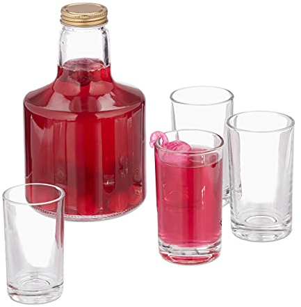 Relaxdays Carafe à eau avec 4 verres, bouteille avec couvercle, cruche avec un volume de 1 l, 200 ml, set, transparent