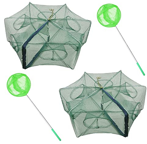 Automatische Faltbare Fischfalle, ZffXH 2 Pack Mesh Nylon Angeln Trap Net, 6 Holes Angeln Reuse, Cast-Mesh-Falle, Tragbare Köderkäfigfallen, Magisches Fischernetz