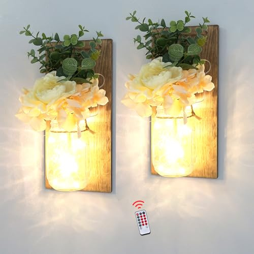 Besuerte Farmhouse Wall Decor for Living Room Rustic Mason Jar Wall Sconces Set of 2 for Home Living Room Bedroom Decorations with Rose Bouquet Flowers and Remote LED Fairy Lights (Large Jacobean)