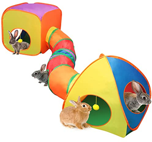 YUEPET Rabbit Tunnel and Cube Collapsible Tent Bunny Interactive Crinkle Tunnel Toys Small Animal Hideout with Play Ball for Dwarf Rabbit Bunny Guinea Pig (Rainbow)