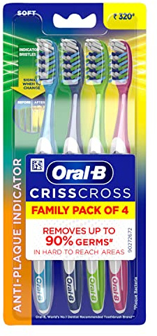 Oral B Criss Cross Deep Clean Soft- Family Pack of 4 toothbrushes – Soft, for Adults,Manual,Multicolor