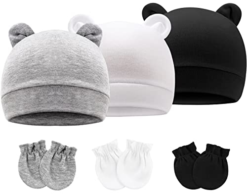 DRESHOW Neugeborene Babymützen Fäustlinge Set Krankenhausmütze Beanie Bärenohren Säuglingsmützen Baby Baumwollhandschuhe Kratzfreie Fäustlinge für 0-6 Monate