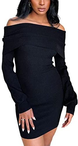 Mini vestido de suéter con hombros descubiertos para mujer, vestido ajustado de manga larga, vestido de lápiz corto Y2k, vestido de túnica acanalada, Negro, S